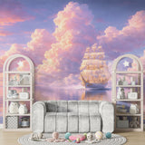 Ethereal white sailing ship navigating through fluffy pink and lavender pastel clouds, reflected on calm water, whimsical nursery wall mural.