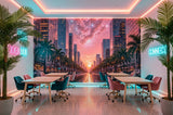 Futuristic-city-sunset-mural-with-pink-galaxy-sky-and-palm-trees-non-woven-wallpaper