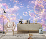 iridescent-floating-bubbles-in-pastel-blue-and-pink-sky-with-clouds-wall-mural