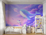 cute-blue-whales-flying-in-pastel-purple-space-clouds-with-planets-nursery-wallpaper-mural