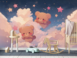 Dreamy wall mural illustration with cute teddy bears floating on fluffy pink clouds under a starry night sky for baby nursery