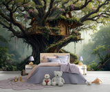 Magical enchanted forest wall mural showcasing a whimsical wooden treehouse with a spiral staircase and pink flowers for bedroom wall decor
