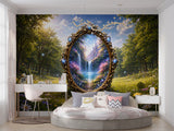 A detailed fantasy landscape view of a magical waterfall and fairy tale castle seen through a luxurious ornate gold and sapphire portal frame, set in a sunny forest clearing with wildflowers.