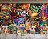 3D Non-Woven Eco-Friendly Wall Mural — Bright Wallpaper for Kitchen or Café Decor "Burgers and Pizza"