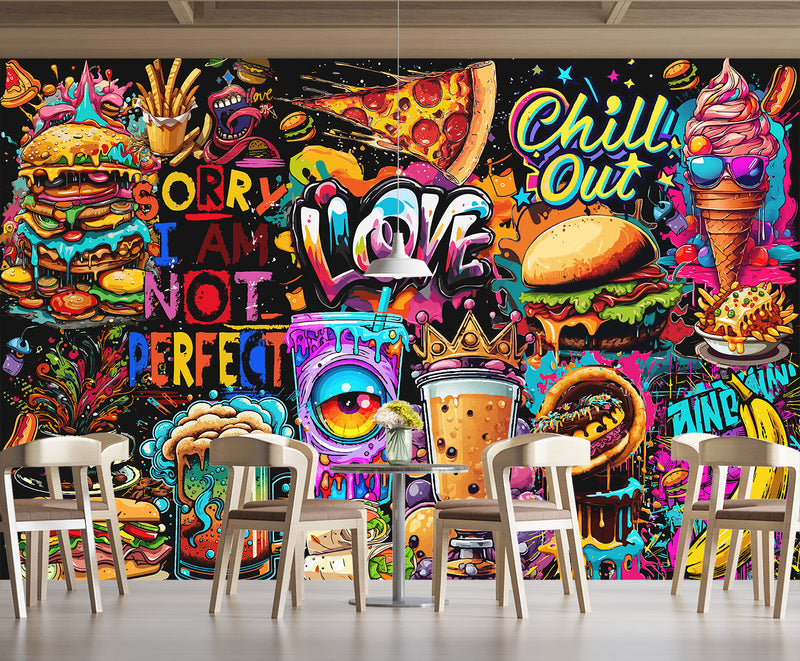 3D Non-Woven Eco-Friendly Wall Mural — Bright Wallpaper for Kitchen or Café Decor "Burgers and Pizza"
