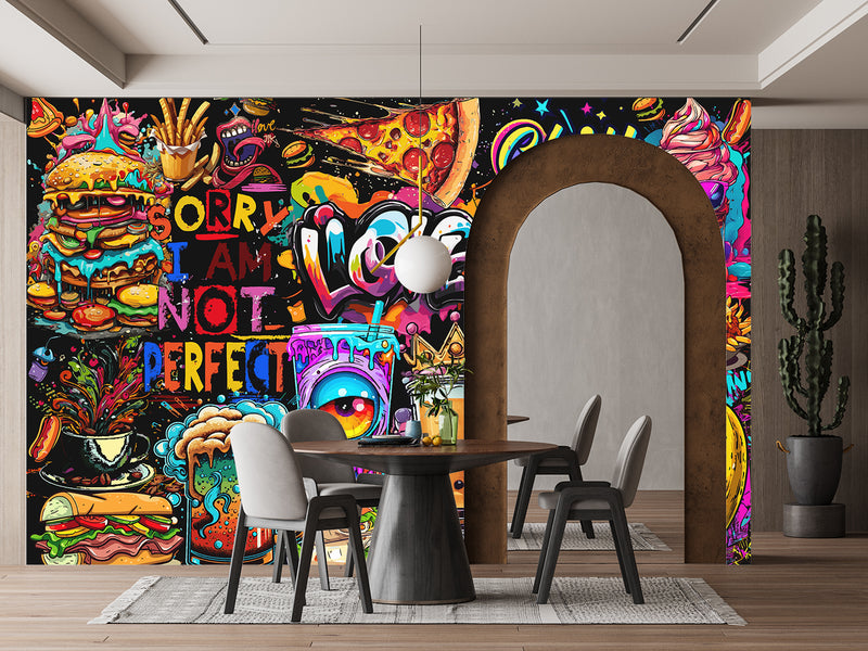 3D Non-Woven Eco-Friendly Wall Mural — Bright Wallpaper for Kitchen or Café Decor "Burgers and Pizza"
