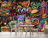 3D Non-Woven Eco-Friendly Wall Mural — Bright Wallpaper for Kitchen or Café Decor "Burgers and Pizza"
