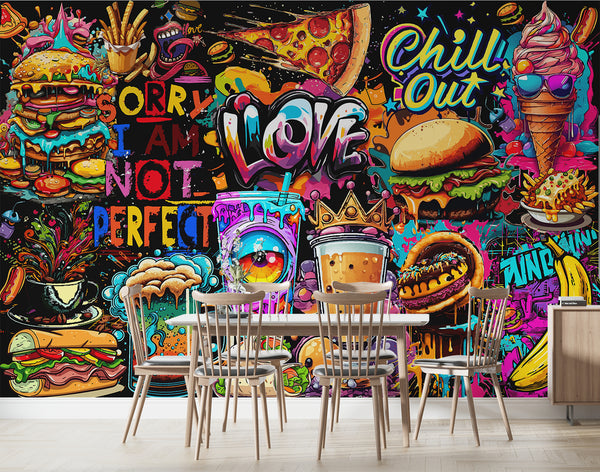 3D Non-Woven Eco-Friendly Wall Mural — Bright Wallpaper for Kitchen or Café Decor "Burgers and Pizza"
