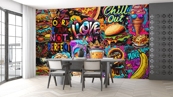 3D Non-Woven Eco-Friendly Wall Mural — Bright Wallpaper for Kitchen or Café Decor "Burgers and Pizza"