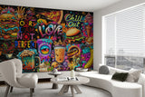 3D Non-Woven Eco-Friendly Wall Mural — Bright Wallpaper for Kitchen or Café Decor "Burgers and Pizza"