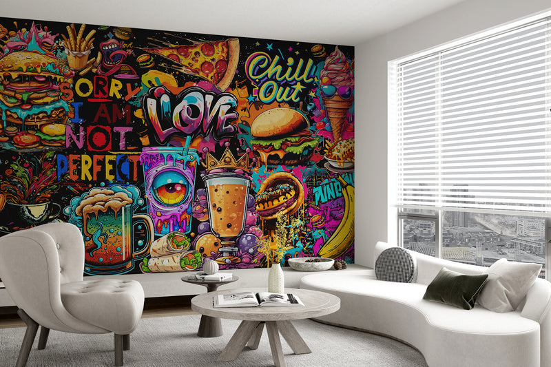 3D Non-Woven Eco-Friendly Wall Mural — Bright Wallpaper for Kitchen or Café Decor "Burgers and Pizza"