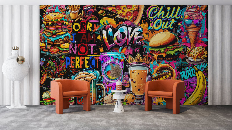 3D Non-Woven Eco-Friendly Wall Mural — Bright Wallpaper for Kitchen or Café Decor "Burgers and Pizza"