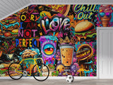 3D Non-Woven Eco-Friendly Wall Mural — Bright Wallpaper for Kitchen or Café Decor "Burgers and Pizza"