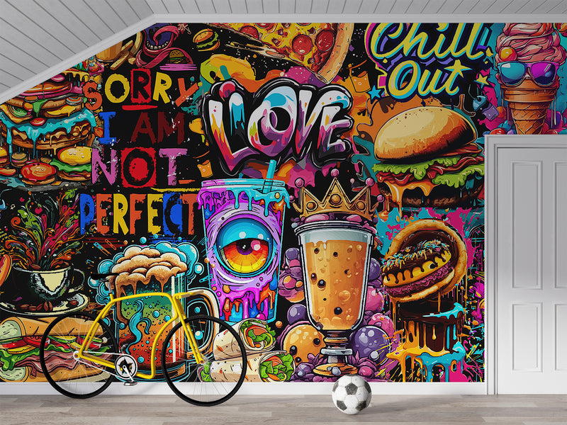 3D Non-Woven Eco-Friendly Wall Mural — Bright Wallpaper for Kitchen or Café Decor "Burgers and Pizza"