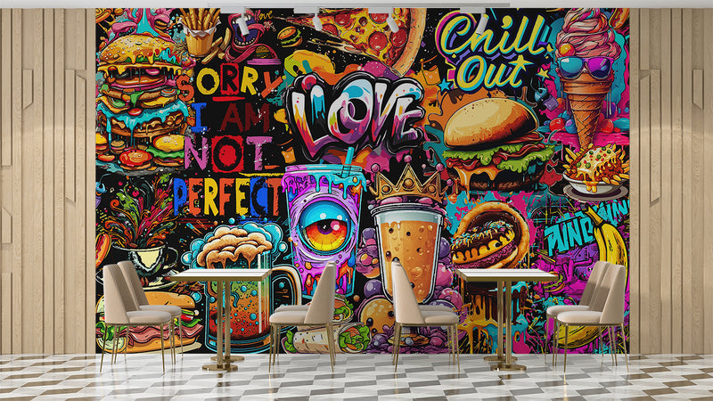3D Non-Woven Eco-Friendly Wall Mural — Bright Wallpaper for Kitchen or Café Decor "Burgers and Pizza"