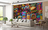 3D Non-Woven Eco-Friendly Wall Mural — Bright Wallpaper for Kitchen or Café Decor "Burgers and Pizza"