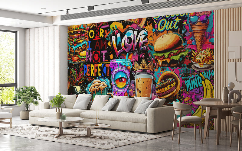 3D Non-Woven Eco-Friendly Wall Mural — Bright Wallpaper for Kitchen or Café Decor "Burgers and Pizza"