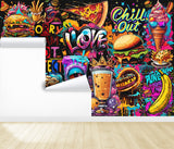 3D Non-Woven Eco-Friendly Wall Mural — Bright Wallpaper for Kitchen or Café Decor "Burgers and Pizza"