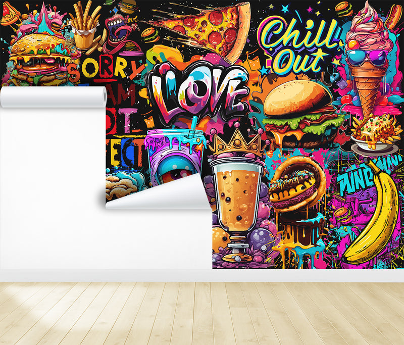3D Non-Woven Eco-Friendly Wall Mural — Bright Wallpaper for Kitchen or Café Decor "Burgers and Pizza"
