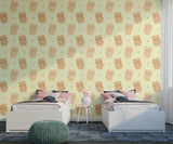 Seamless kawaii wallpaper pattern with cute little brown teddy bears and tiny hearts on a pastel yellow background for baby nursery wall decor