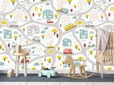 Seamless kids road map wallpaper design featuring cute cars, trucks, and houses for nursery wall decor