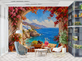 Impressionist oil painting wall mural of a Mediterranean terrace with pink bougainvillea flowers, a basket of figs, and a view of the blue Aegean Sea and white coastal houses.