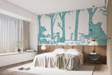 Teal line art wall mural showcasing minimalist cute bears and a fox having a picnic in a forest for Scandi style nursery decor