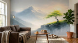 Serene Mountain Mist and Lone Tree Wall Mural - Non-Woven Wallpaper