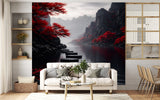 dark-misty-mountainous-landscape-with-red-trees-and-zen-stepping-stones-on-water-wall-mural