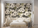Seamless watercolor panda wallpaper pattern with cute bears eating green bamboo leaves for nursery wall mural