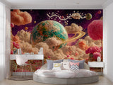 Vibrant pink cotton candy clouds and sparkling ringed planet in a whimsical galaxy, dreamscape space wallpaper mural for kids room.