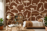 Brown giraffe print wallpaper with safari animal silhouettes including lions, elephants, and rhinos for nursery decor.