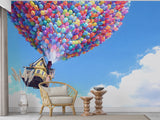 House flying with colorful balloons in a bright blue sky, whimsical nursery wall mural for adventurous kids.