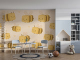 Cute cube bee pattern wallpaper for kids room, peel and stick bee wallpaper for nursery, yellow bee motif wall mural