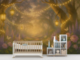 Enchanted garden wallpaper with fairy lights and butterflies, magical forest path wall mural, whimsical floral nursery decor, dreamy sunset woods wallpaper
