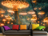 Enchanted forest wallpaper with glowing mushrooms, magical fairycore wall mural, fantasy nature theme for bedroom, dreamy bioluminescent mushroom decor