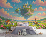 Vibrant futuristic city skyline wallpaper with a high-speed train crossing a bridge, colorful modern architecture wall mural.