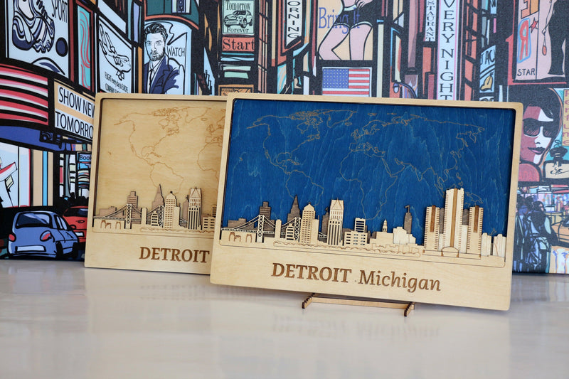 Detroit City Silhouette with World Map - Personalized