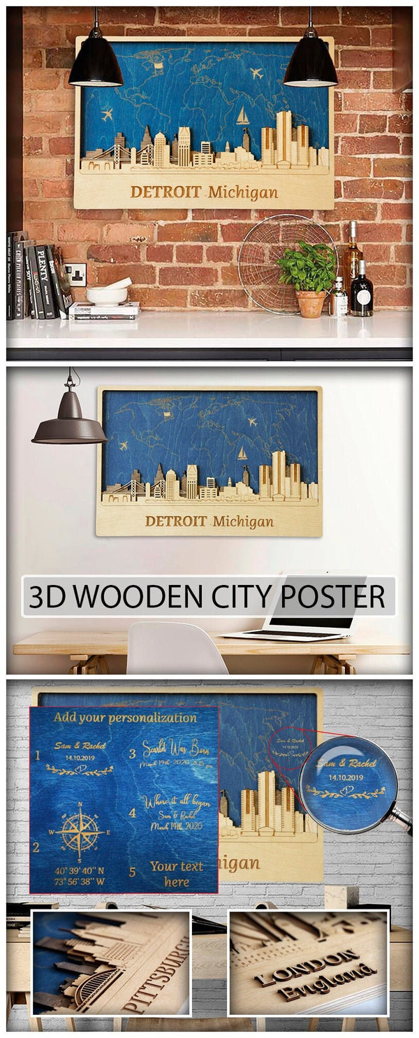 Detroit City Silhouette with World Map - Personalized