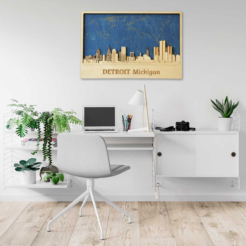 Detroit City Silhouette with World Map - Personalized