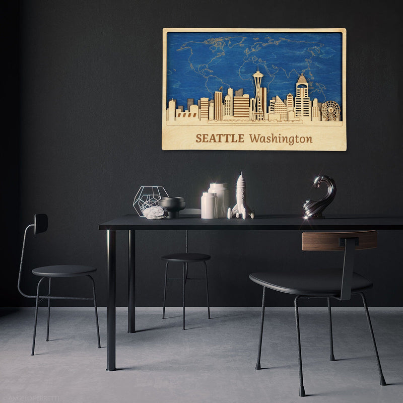 Seattle 3D City Skyline Wall Hangings - Personalized Wooden World Map