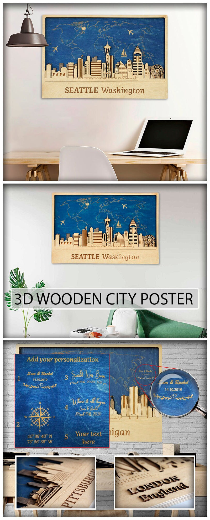 Seattle 3D City Skyline Wall Hangings - Personalized Wooden World Map