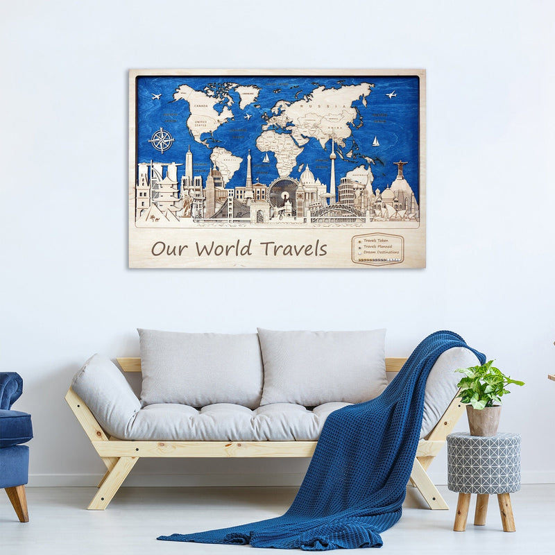 Laser Cut Art Wall Decor - World Map Push Pin Travel