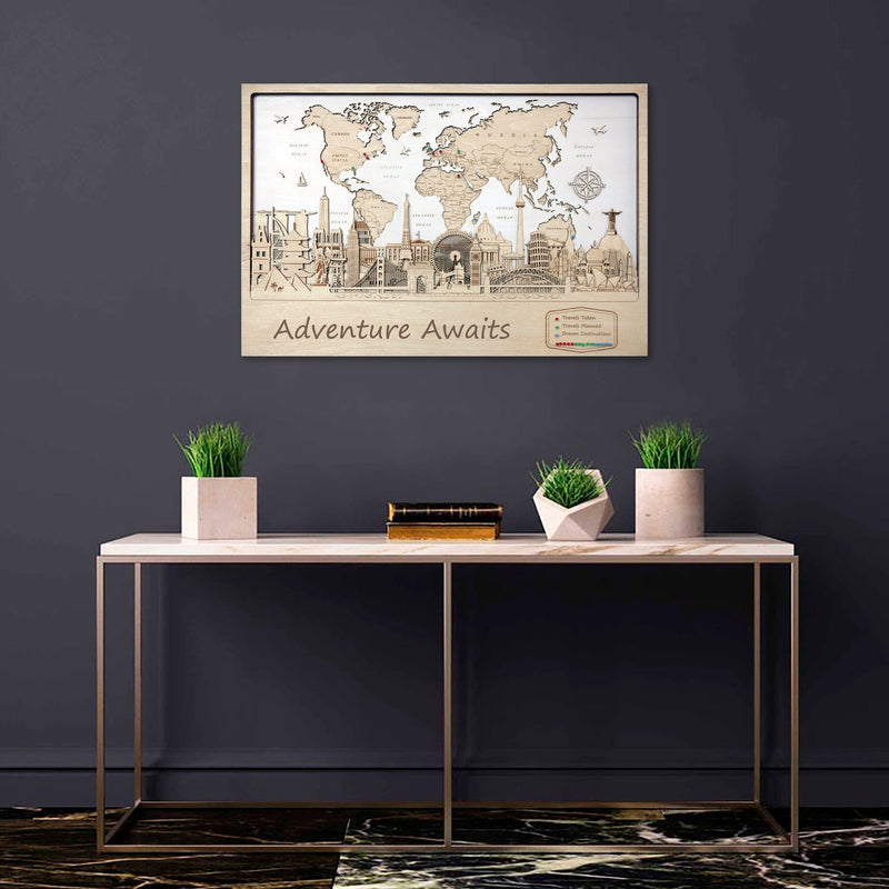 Personalized Wooden World Map Wall Art with Quotes