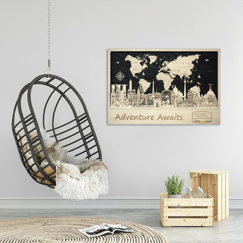 Push Pin Wooden World Map - Executive Wall Art - Customized Gift