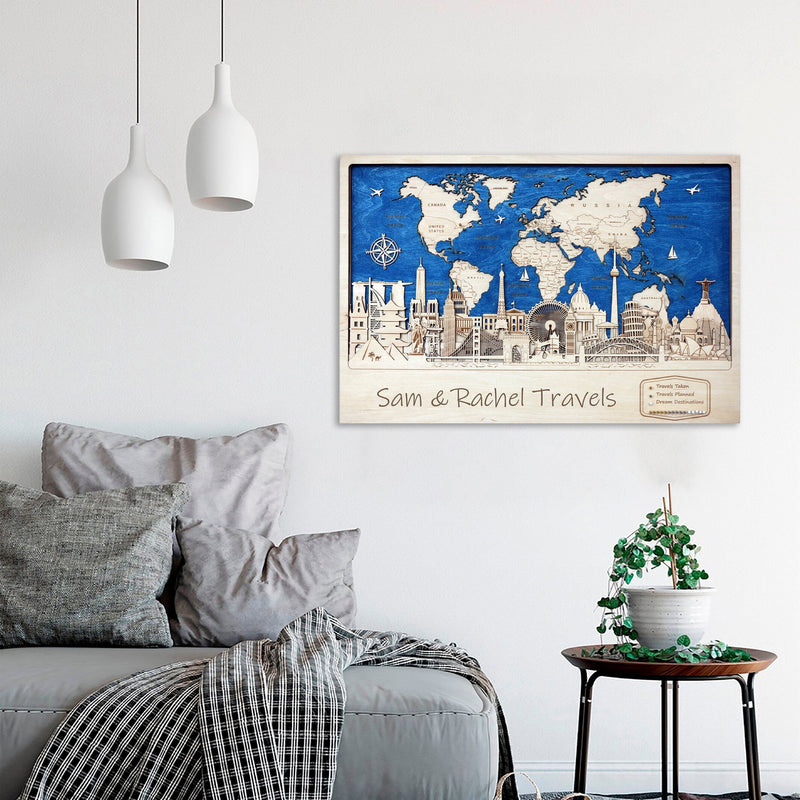 Laser Cut Art Wall Decor - World Map Push Pin Travel