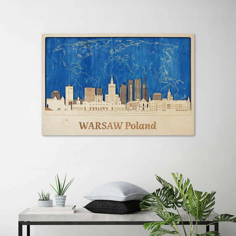 Warsaw 3D City Wooden Wall Art - Poland Skyline Travel Decor Gift