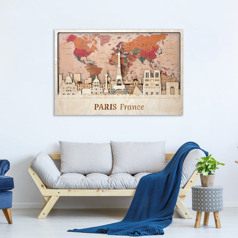 Paris 3D Wooden Wall Art - World Map Travel Home Decor Gift