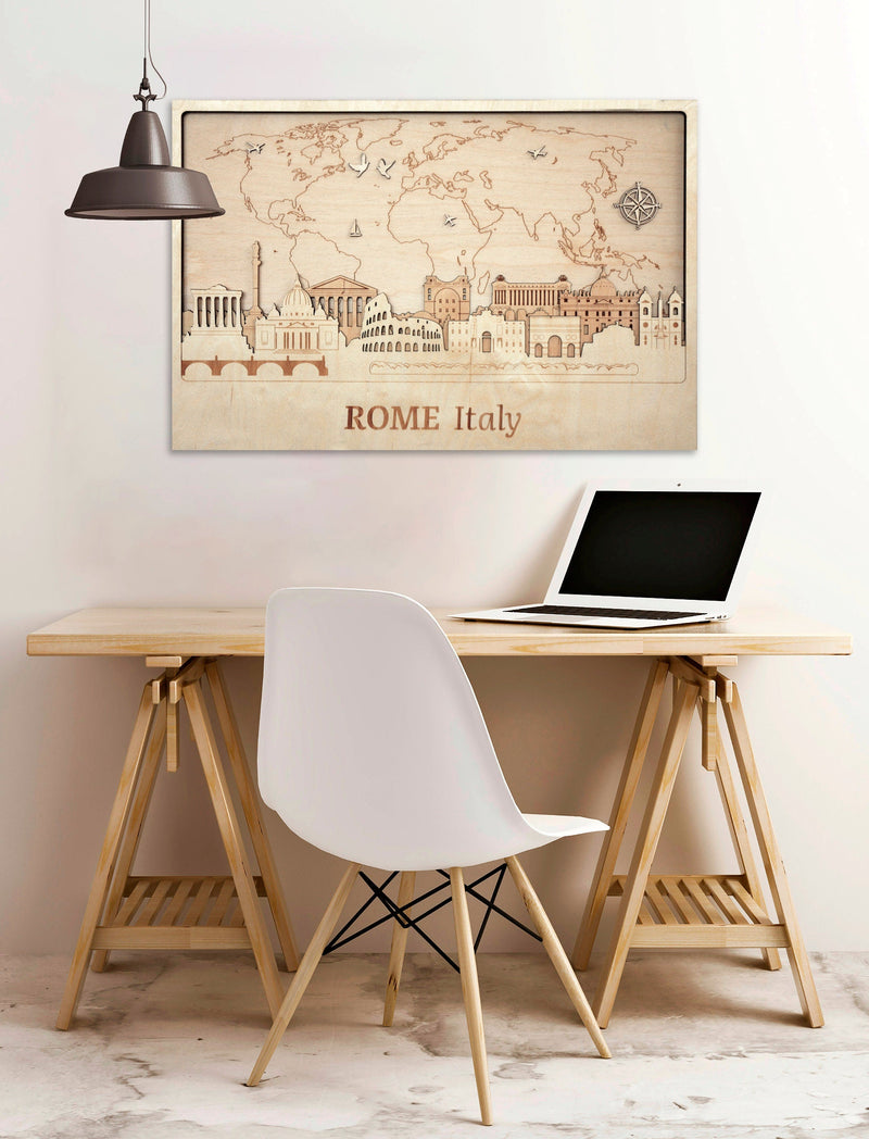 Rome City Skyline Wood Wall Art - Personalized Wedding Gift