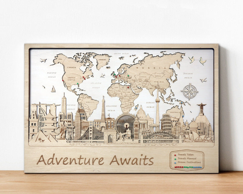 World Travel Map Wood Wall Art - Anniversary Gift for Couple